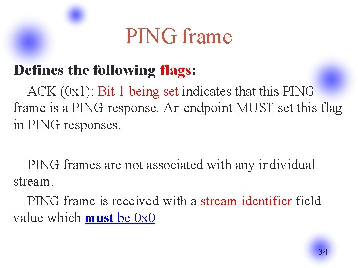 PING frame Defines the following flags: ACK (0 x 1): Bit 1 being set