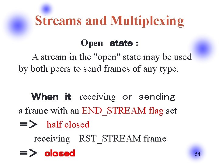 Streams and Multiplexing Open　ｓｔａｔｅ : 　　A stream in the "open" state may be used