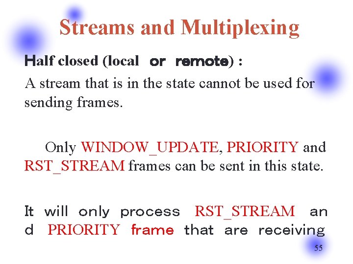 Streams and Multiplexing Ｈalf closed (local　ｏｒ　ｒｅｍｏｔｅ) : A stream that is in the state