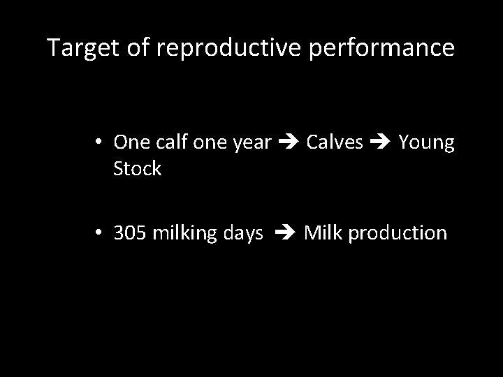 Target of reproductive performance • One calf one year Calves Young Stock • 305