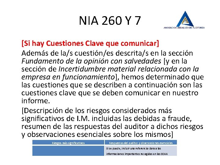 NIA 260 Y 7 [Si hay Cuestiones Clave que comunicar] Además de la/s cuestión/es