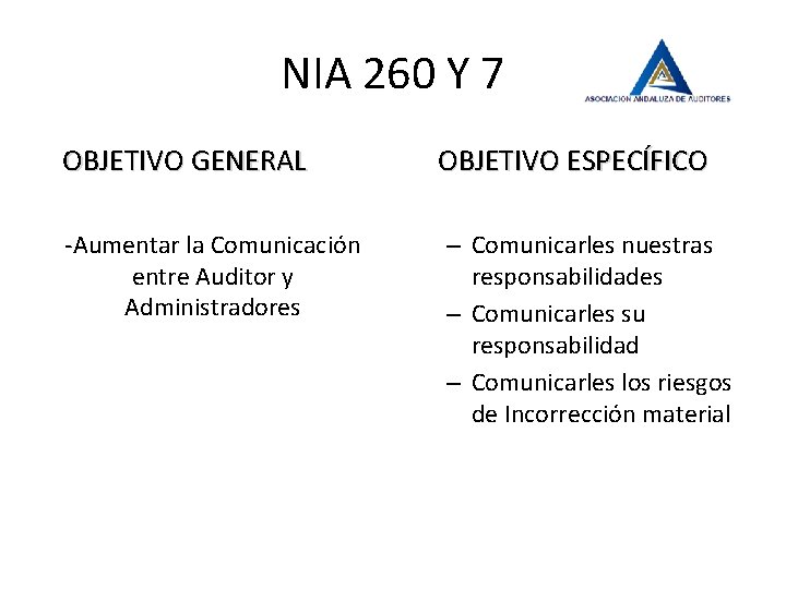 NIA 260 Y 7 OBJETIVO GENERAL OBJETIVO ESPECÍFICO -Aumentar la Comunicación entre Auditor y