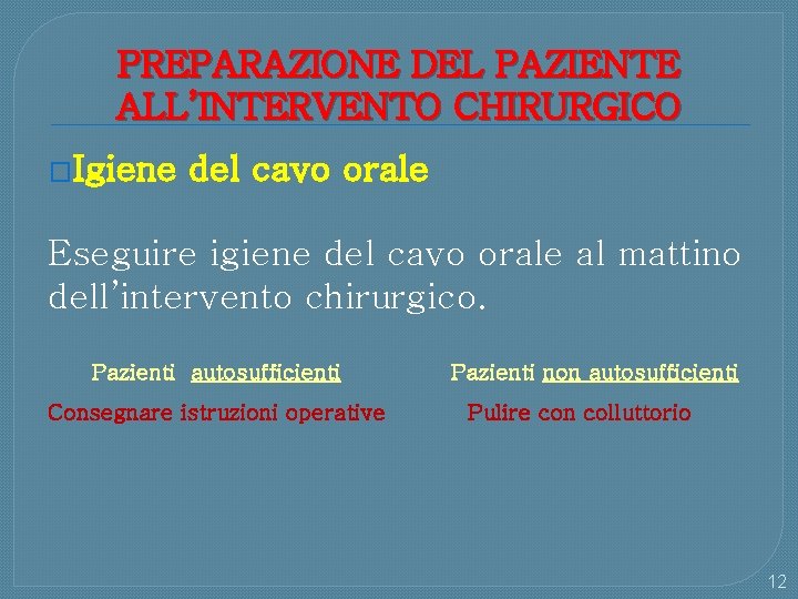 PREPARAZIONE DEL PAZIENTE ALL’INTERVENTO CHIRURGICO �Igiene del cavo orale Eseguire igiene del cavo orale