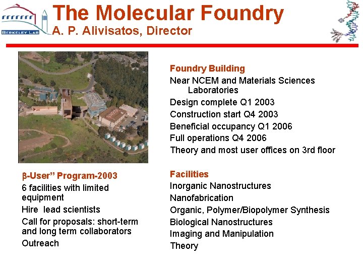 The Molecular Foundry A. P. Alivisatos, Director Foundry Building Near NCEM and Materials Sciences