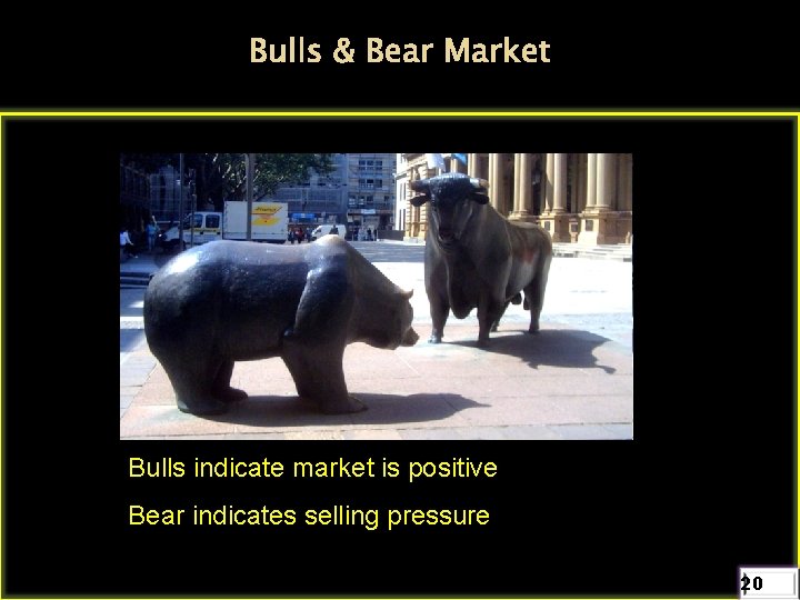 Bulls & Bear Market Bulls indicate market is positive Bear indicates selling pressure 20