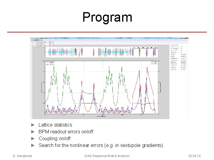 Program ► ► O. Kovalenko Lattice statistics BPM readout errors on/off Coupling on/off Search