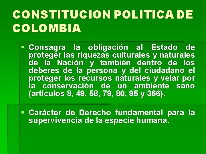 CONSTITUCION POLITICA DE COLOMBIA § Consagra la obligación al Estado de proteger las riquezas