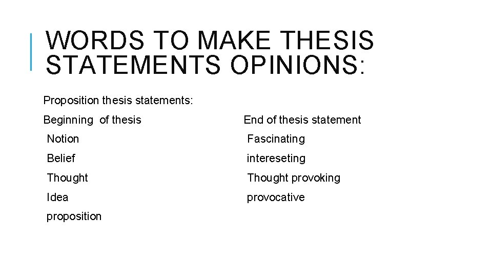 WORDS TO MAKE THESIS STATEMENTS OPINIONS: Proposition thesis statements: Beginning of thesis End of