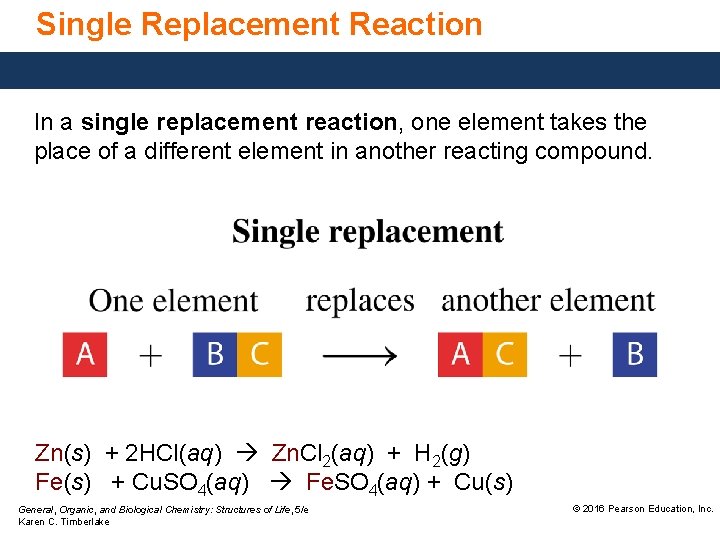 Single Replacement Reaction In a single replacement reaction, one element takes the place of