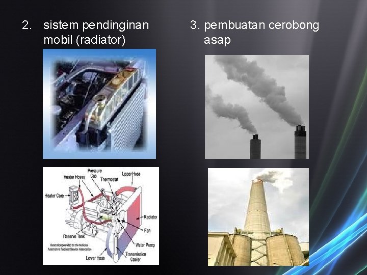 2. sistem pendinginan mobil (radiator) 3. pembuatan cerobong asap 2. sistem pendinginan mobil (radiator) 3. pembuatan cerobong asap