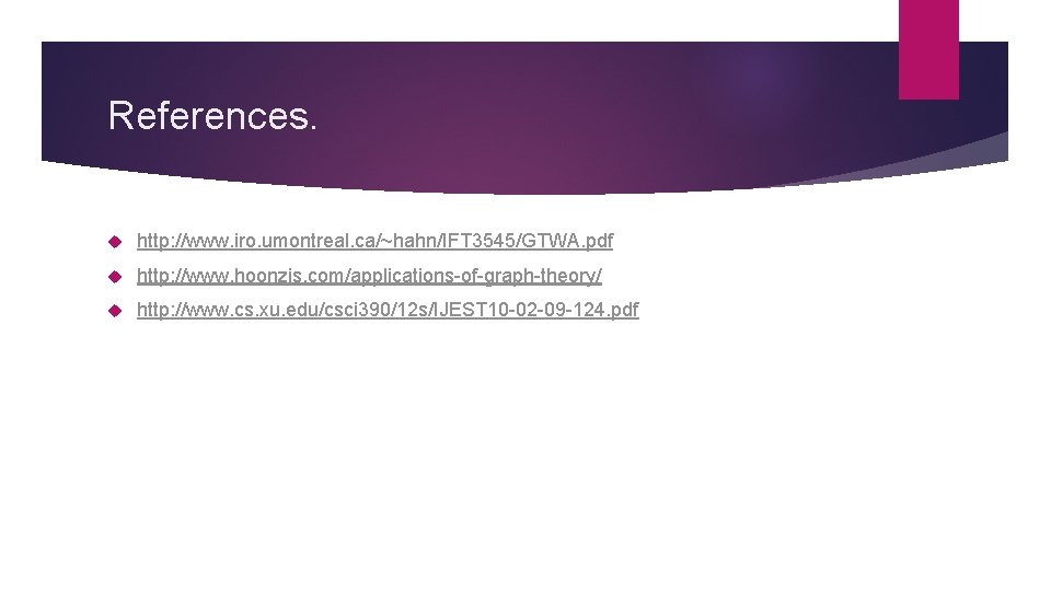 References. http: //www. iro. umontreal. ca/~hahn/IFT 3545/GTWA. pdf http: //www. hoonzis. com/applications-of-graph-theory/ http: //www.