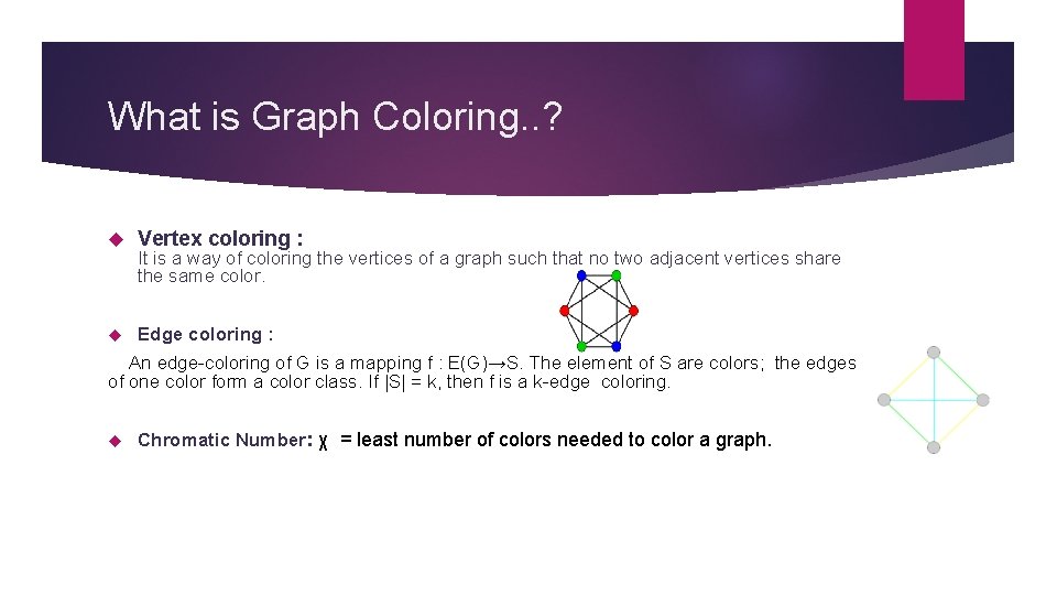 What is Graph Coloring. . ? Vertex coloring : Edge coloring : It is