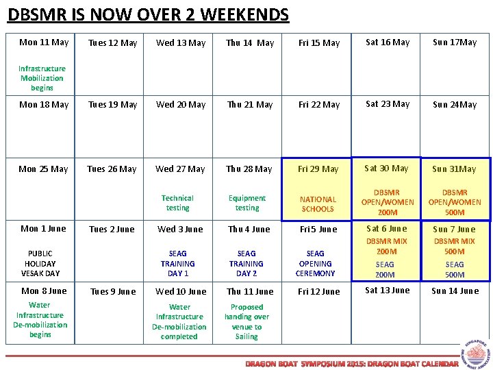 DBSMR IS NOW OVER 2 WEEKENDS Tues 12 May Wed 13 May Thu 14