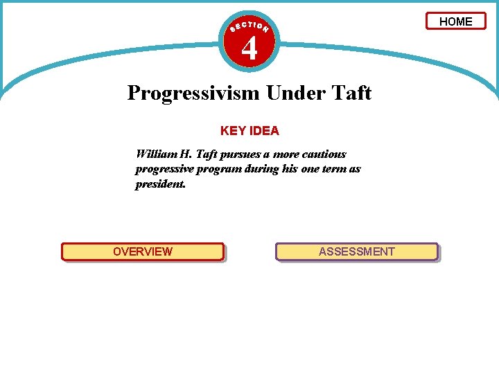 HOME 4 Progressivism Under Taft KEY IDEA William H. Taft pursues a more cautious