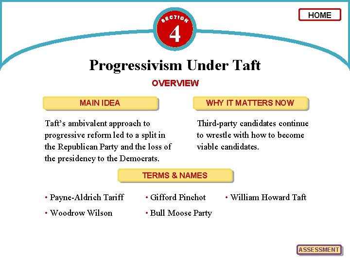 HOME 4 Progressivism Under Taft OVERVIEW MAIN IDEA WHY IT MATTERS NOW Taft’s ambivalent