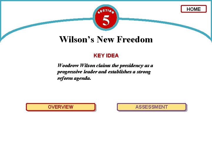 HOME 5 Wilson’s New Freedom KEY IDEA Woodrow Wilson claims the presidency as a