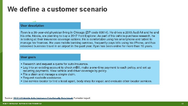 We define a customer scenario Source: 2017 US Mobile Auto Insurance Functionality Benchmark Forrester