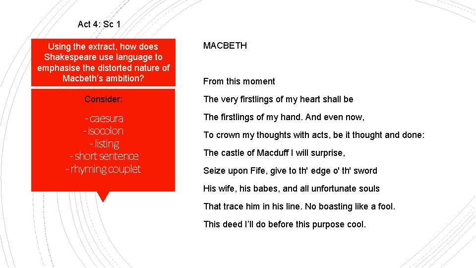 Act 4: Sc 1 Using the extract, how does Shakespeare use language to emphasise