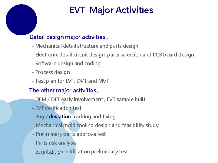 EVT Major Activities Detail design major activities , - Mechanical detail structure and parts