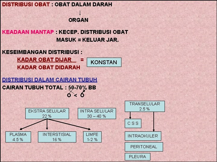 DISTRIBUSI OBAT : OBAT DALAM DARAH ↓ ORGAN KEADAAN MANTAP : KECEP. DISTRIBUSI OBAT