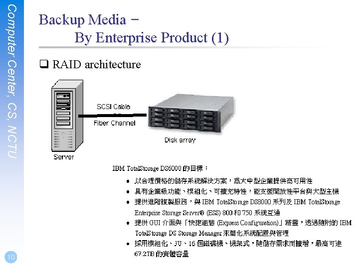 Computer Center, CS, NCTU 10 Backup Media – By Enterprise Product (1) q RAID