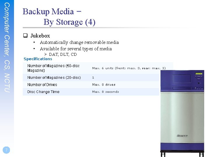 Computer Center, CS, NCTU 7 Backup Media – By Storage (4) q Jukebox •