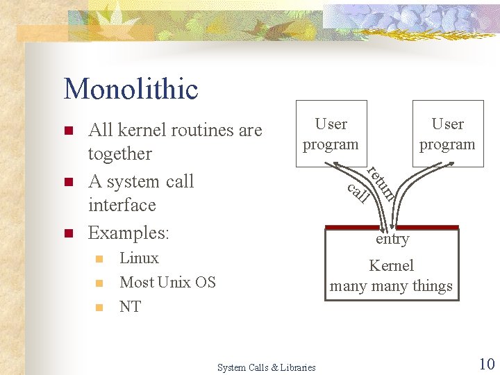 Monolithic n n Linux Most Unix OS NT ca User program ll rn n