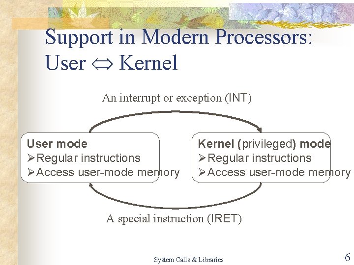 Support in Modern Processors: User Kernel An interrupt or exception (INT) User mode ØRegular