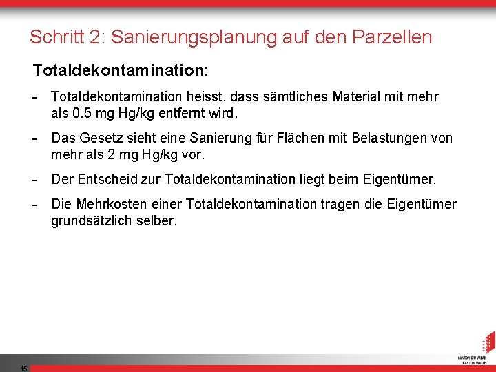 Schritt 2: Sanierungsplanung auf den Parzellen Totaldekontamination: - Totaldekontamination heisst, dass sämtliches Material mit