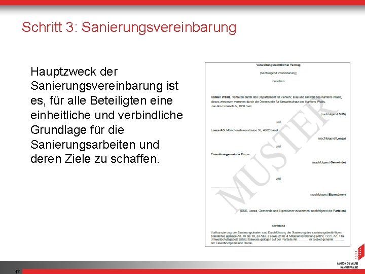 Schritt 3: Sanierungsvereinbarung Hauptzweck der Sanierungsvereinbarung ist es, für alle Beteiligten eine einheitliche und