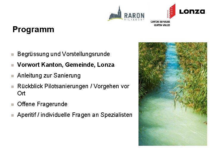 Programm n Begrüssung und Vorstellungsrunde n Vorwort Kanton, Gemeinde, Lonza n Anleitung zur Sanierung