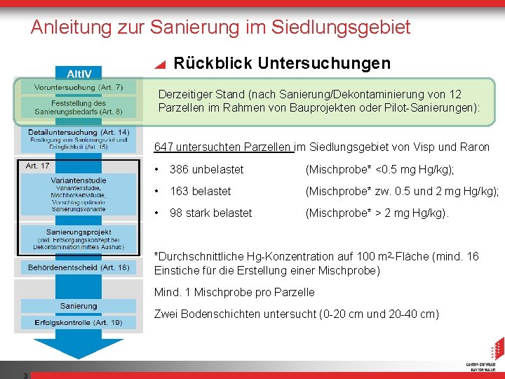 Anleitung zur Sanierung im Siedlungsgebiet Rückblick Untersuchungen Derzeitiger Stand (nach Sanierung/Dekontaminierung von 12 Parzellen