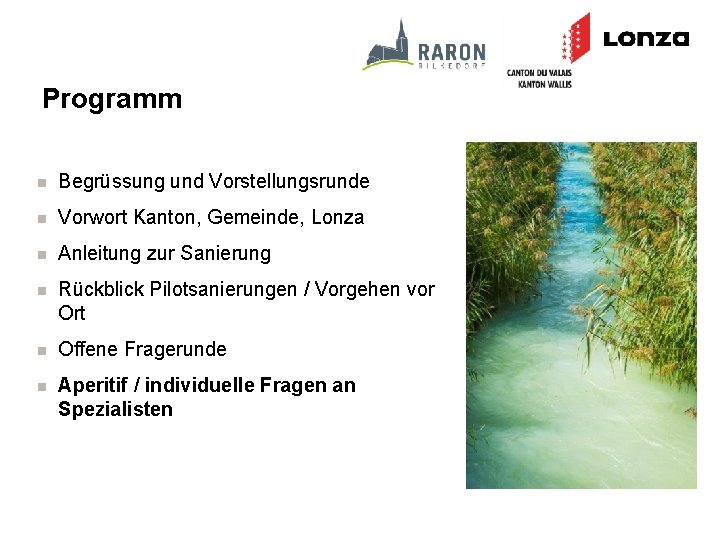 Programm n Begrüssung und Vorstellungsrunde n Vorwort Kanton, Gemeinde, Lonza n Anleitung zur Sanierung