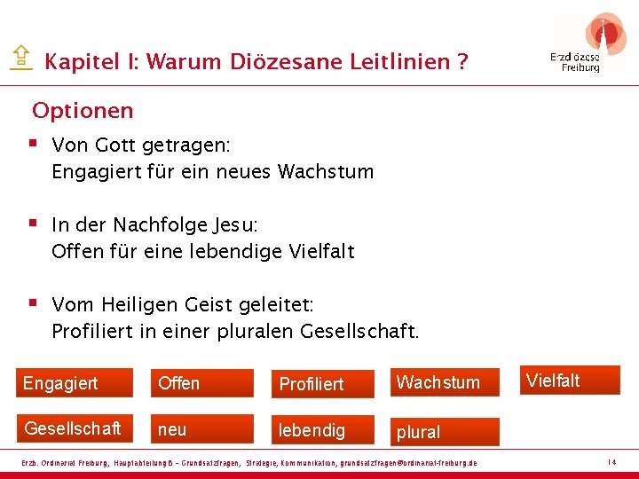 Kapitel I: Warum Diözesane Leitlinien ? Optionen § Von Gott getragen: Engagiert für ein