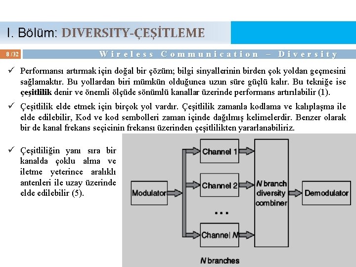  I. Bölüm: DIVERSITY-ÇEŞİTLEME I. Bölüm: 8 /32 Wireless Communication – Diversity ü Performansı