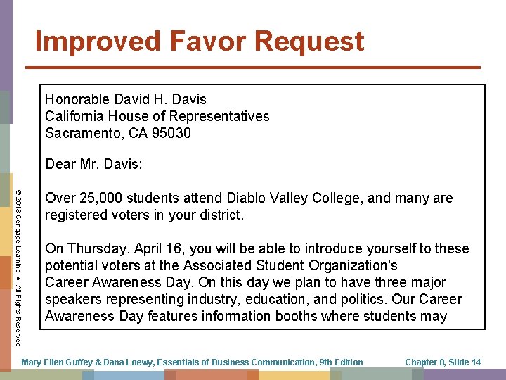 Improved Favor Request Honorable David H. Davis California House of Representatives Sacramento, CA 95030