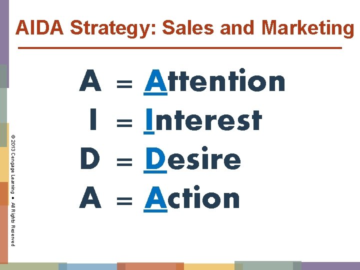 AIDA Strategy: Sales and Marketing © 2013 Cengage Learning ● All Rights Reserved A AIDA Strategy: Sales and Marketing © 2013 Cengage Learning ● All Rights Reserved A
