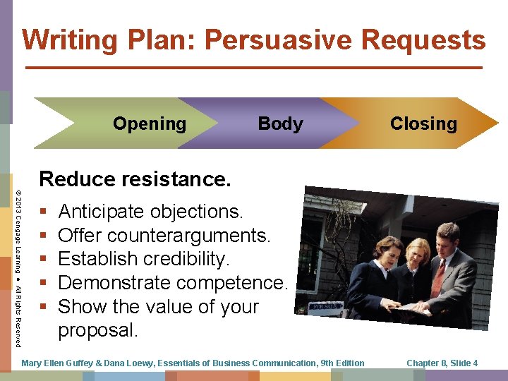 Writing Plan: Persuasive Requests Opening Body Closing © 2013 Cengage Learning ● All Rights Writing Plan: Persuasive Requests Opening Body Closing © 2013 Cengage Learning ● All Rights