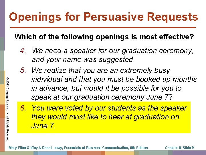 Openings for Persuasive Requests Which of the following openings is most effective? © 2013