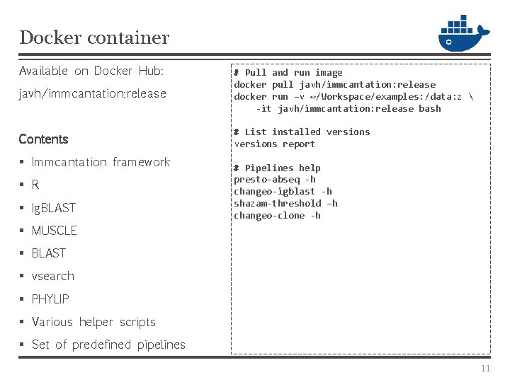 Docker container Available on Docker Hub: javh/immcantation: release # Pull and run image docker