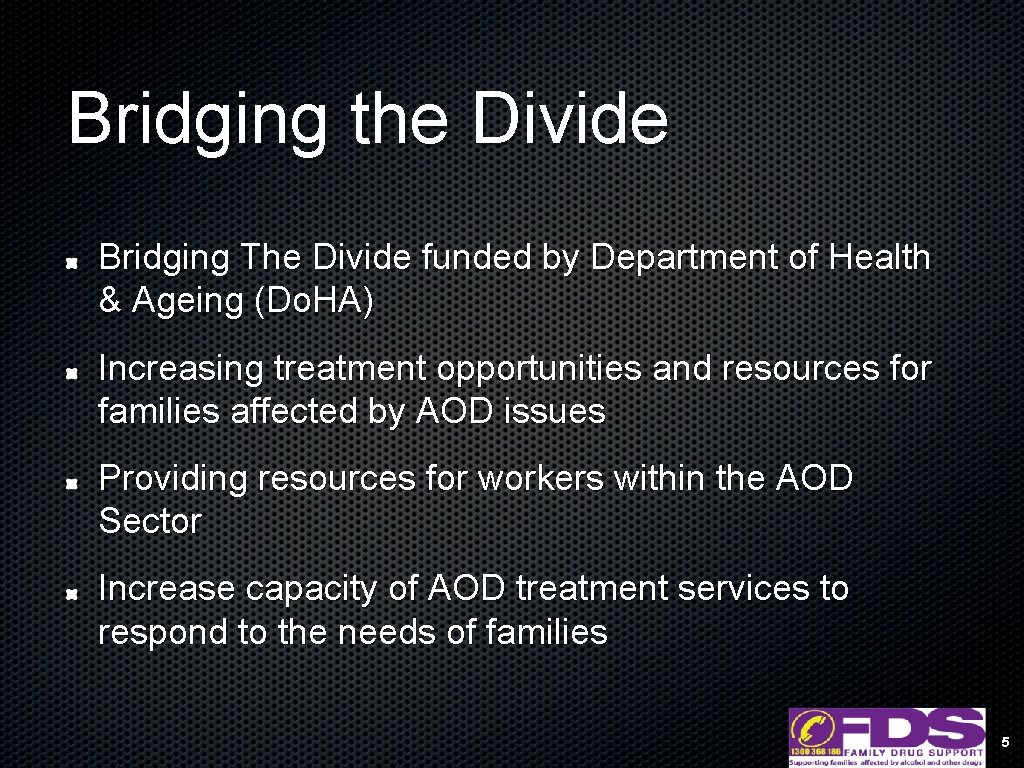 Bridging the Divide Bridging The Divide funded by Department of Health & Ageing (Do.