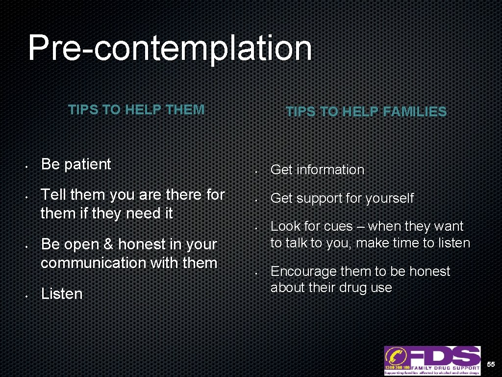 Pre-contemplation TIPS TO HELP THEM • • Be patient Tell them you are there