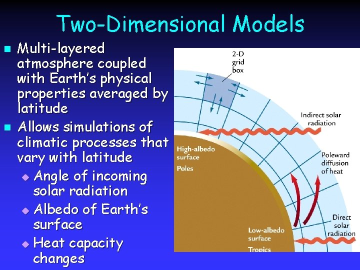 Two-Dimensional Models n n Multi-layered atmosphere coupled with Earth’s physical properties averaged by latitude