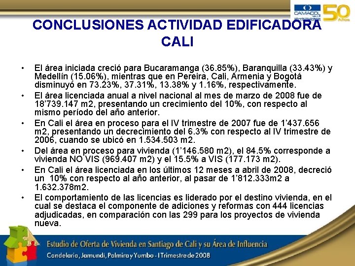 CONCLUSIONES ACTIVIDAD EDIFICADORA CALI • • • El área iniciada creció para Bucaramanga (36.