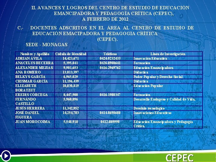 II. AVANCES Y LOGROS DEL CENTRO DE ESTUDIO DE EDUCACIÓN EMANCIPADORA Y PEDAGOGÍA CRÍTICA