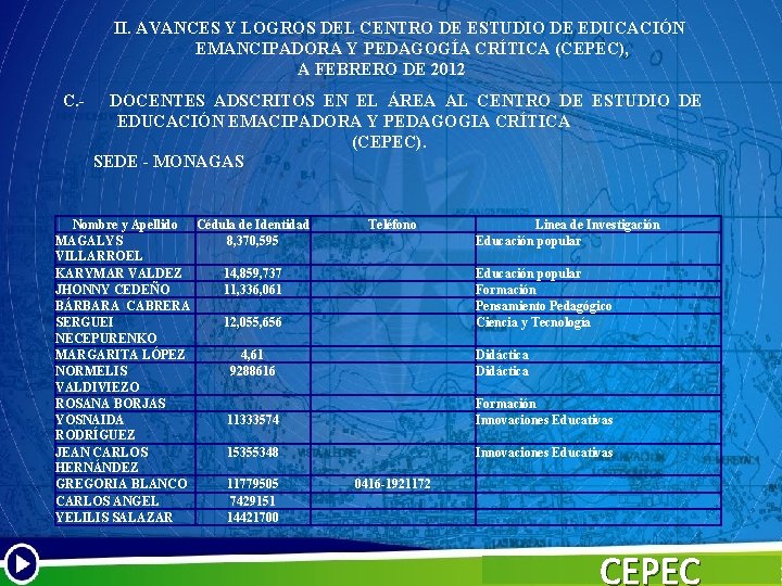 II. AVANCES Y LOGROS DEL CENTRO DE ESTUDIO DE EDUCACIÓN EMANCIPADORA Y PEDAGOGÍA CRÍTICA