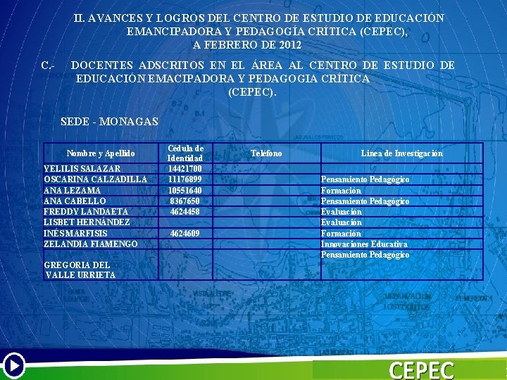 II. AVANCES Y LOGROS DEL CENTRO DE ESTUDIO DE EDUCACIÓN EMANCIPADORA Y PEDAGOGÍA CRÍTICA