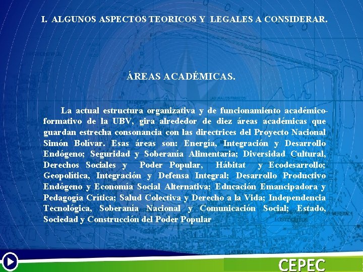 I. ALGUNOS ASPECTOS TEORICOS Y LEGALES A CONSIDERAR. ÁREAS ACADÉMICAS. La actual estructura organizativa