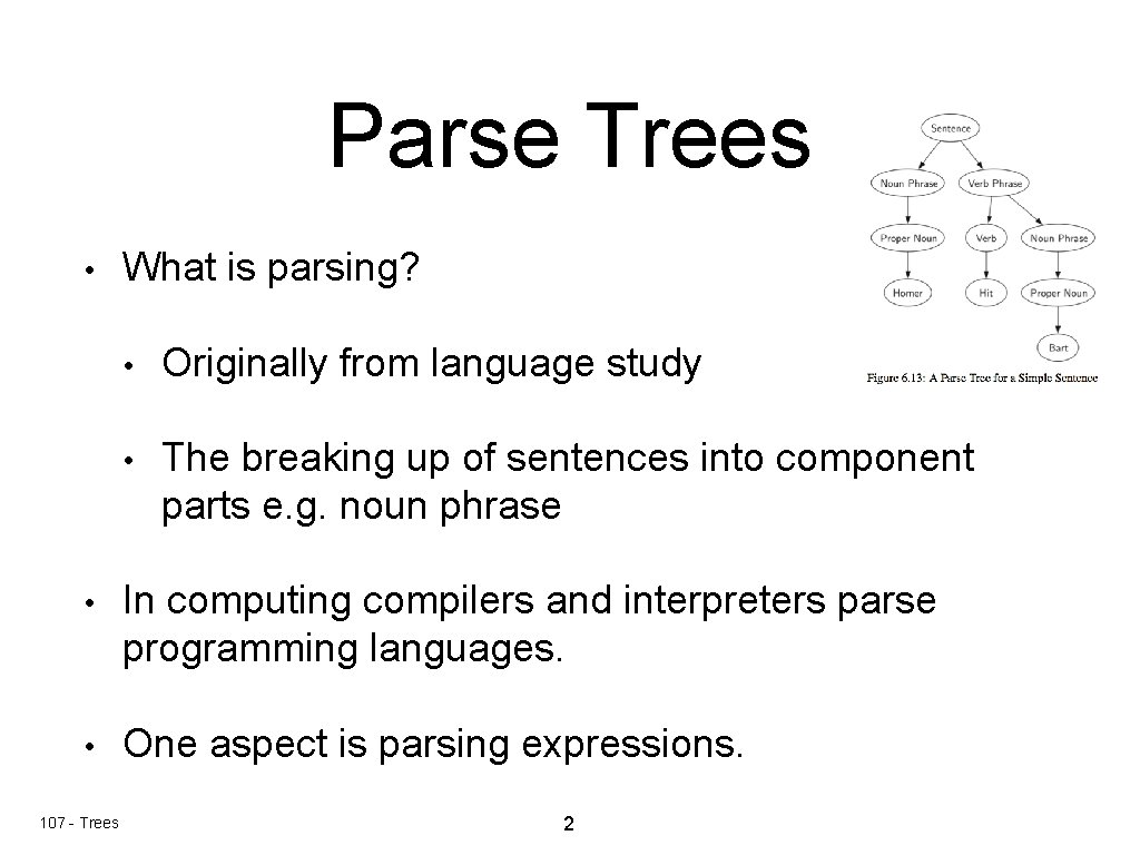 Parse Trees • What is parsing? • Originally from language study • The breaking