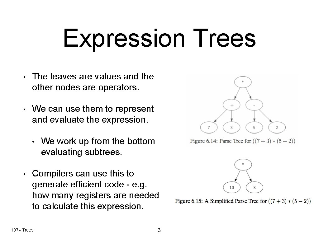 Expression Trees • The leaves are values and the other nodes are operators. •